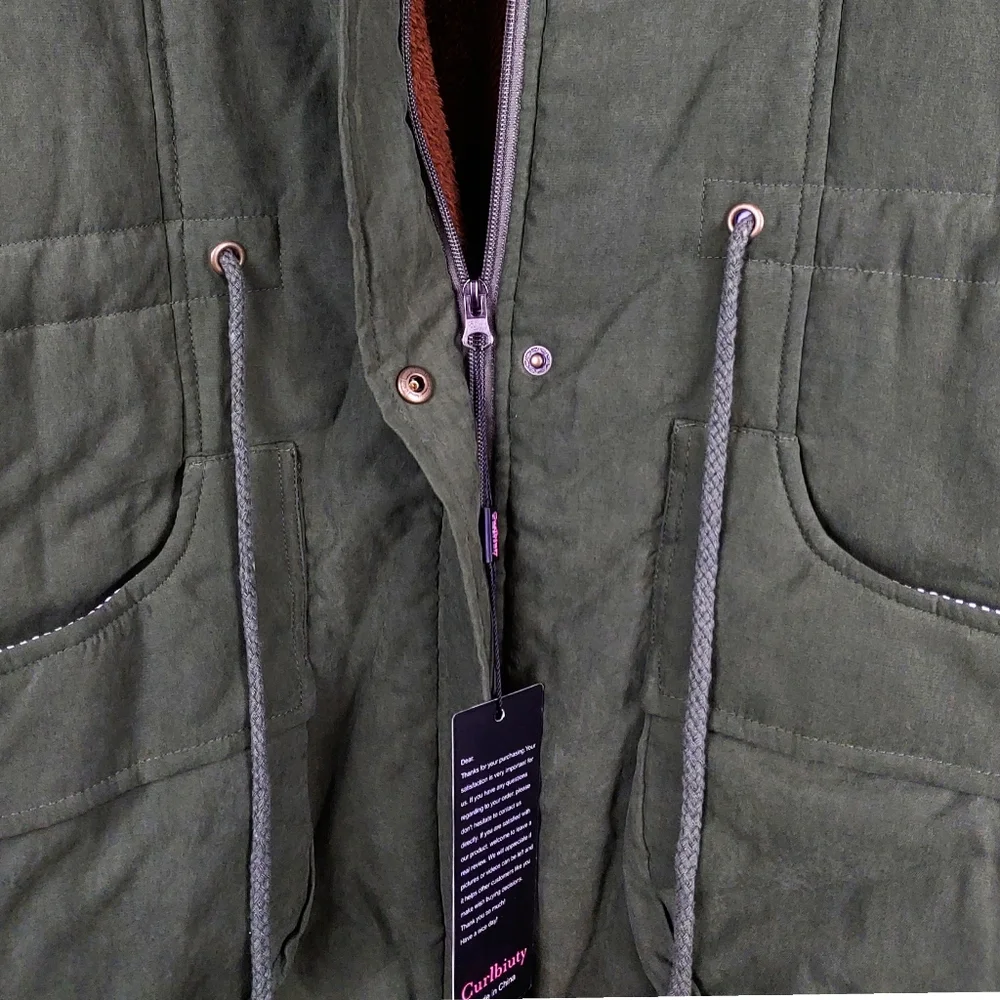 Curlbiuty Womens Dark Olive Winter Faux Fur Lining  Parka NWT Sz S - Picture 10 of 12